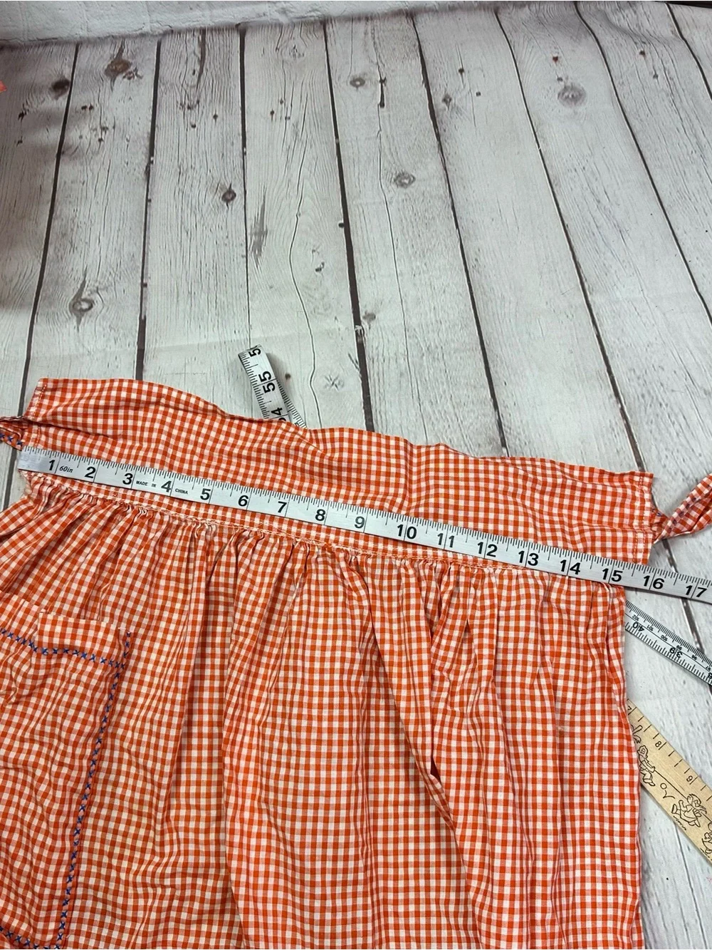 vtg apron handmade embroider cross stitch tomato red Gingham cottage kitschy